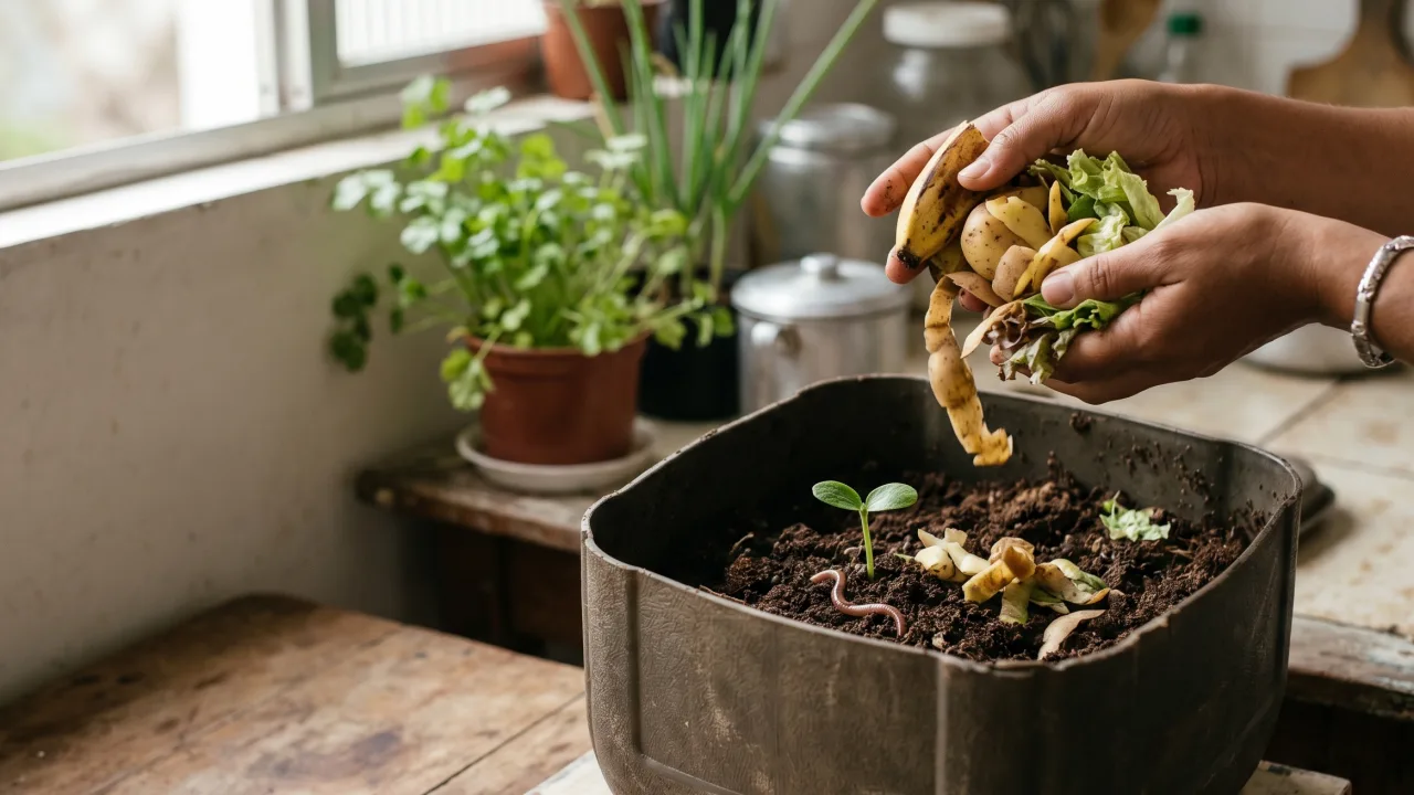 Pessoa coloca cascas de frutas numa composteira doméstica com terra e uma muda.
