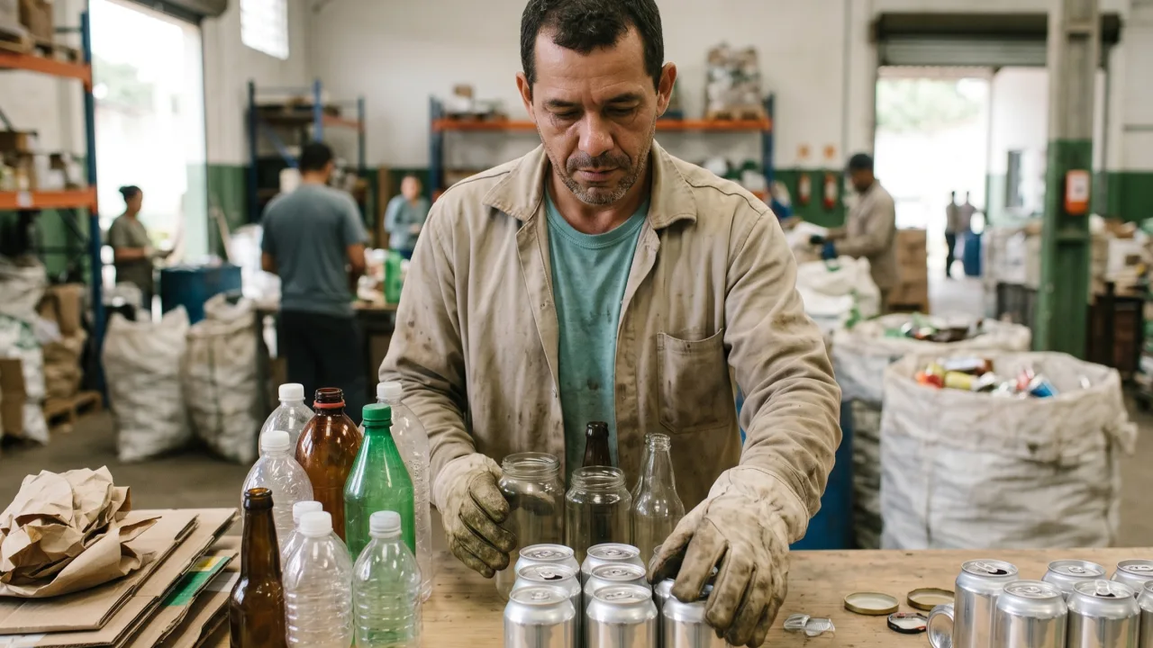 Homem separa embalagens recicláveis numa cooperativa: plástico, vidro e alumínio.